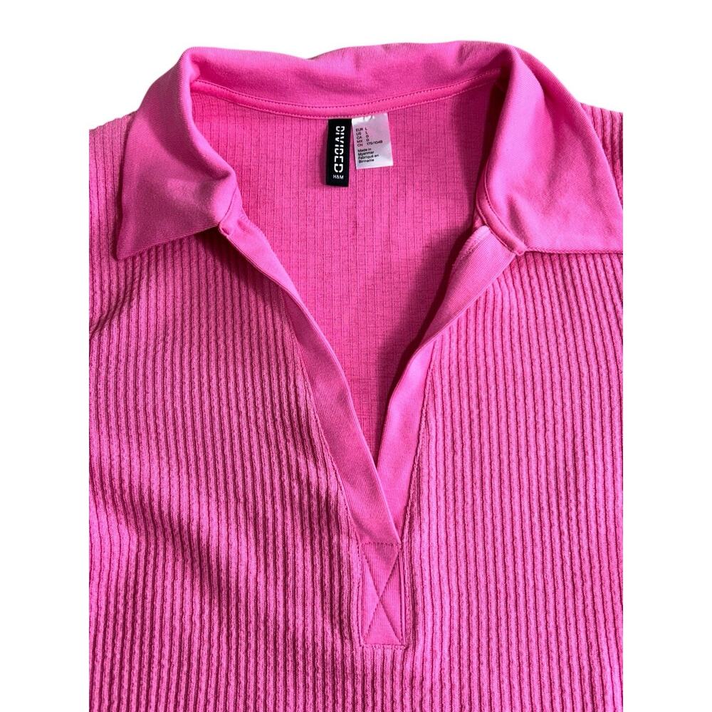 Divided H&M Pink Collared Ribbed Top Sz Large Long-Sleeve Crop Blouse Coquette - Picture 4 of 7